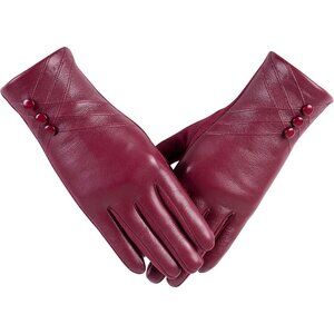 Winter Red Leather Gloves Women Touchscreen Cashmere Lining Windproof